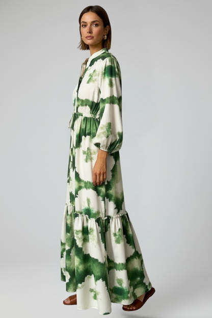 Vestido maxi estampado con cuello en V y manga larga para mujer