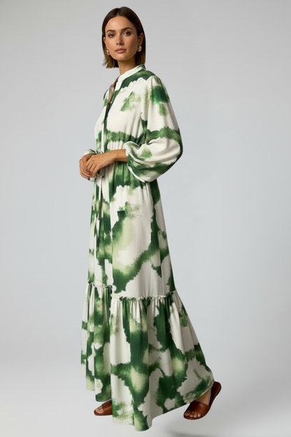 Vestido maxi estampado con cuello en V y manga larga para mujer