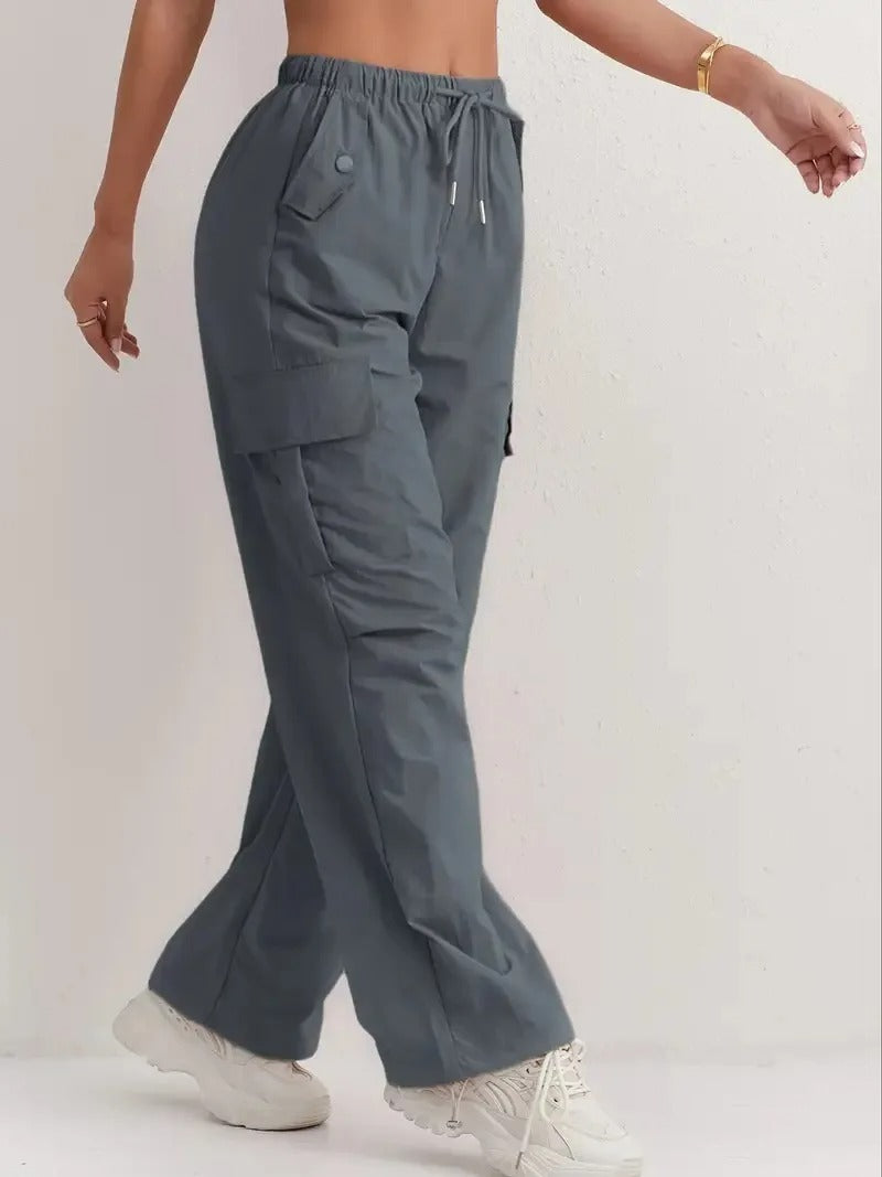 Pantalones cargo casuales con cordón y bolsillos para mujer