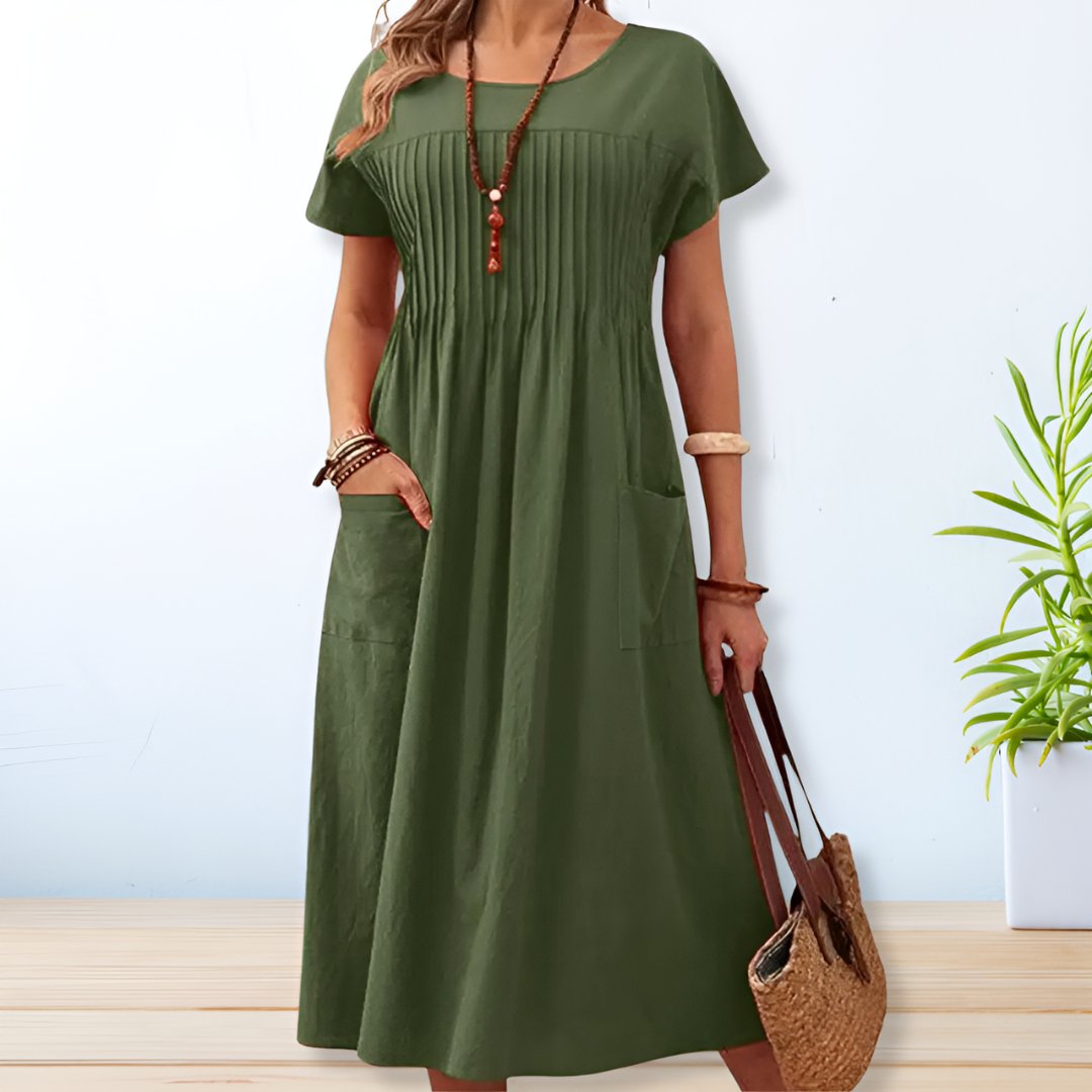 Vestido midi plisado de manga corta para mujer