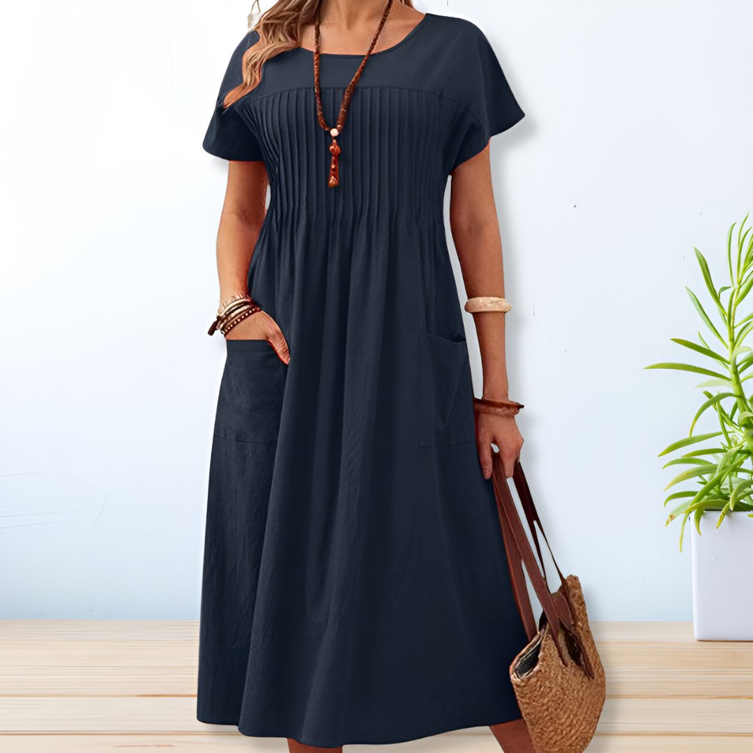 Vestido midi plisado de manga corta para mujer