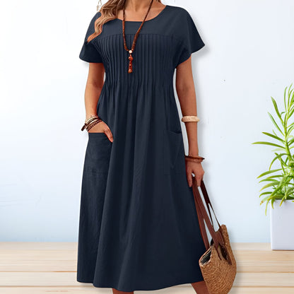 Vestido midi plisado de manga corta para mujer