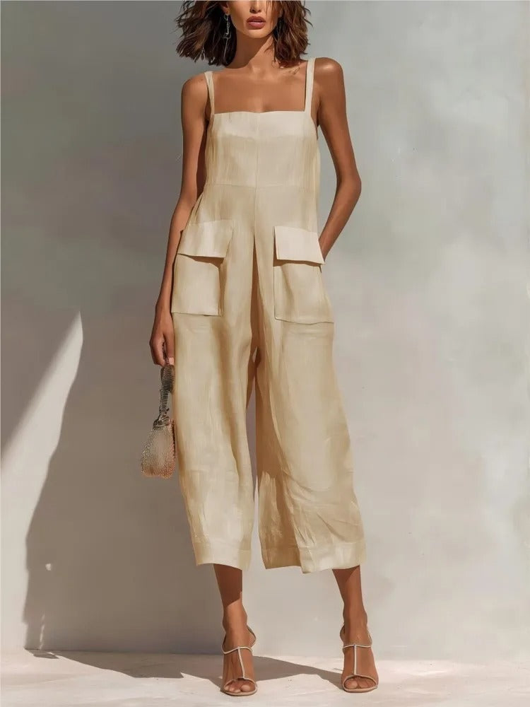 Vestido midi de lino con cinturón y bolsillos para mujer