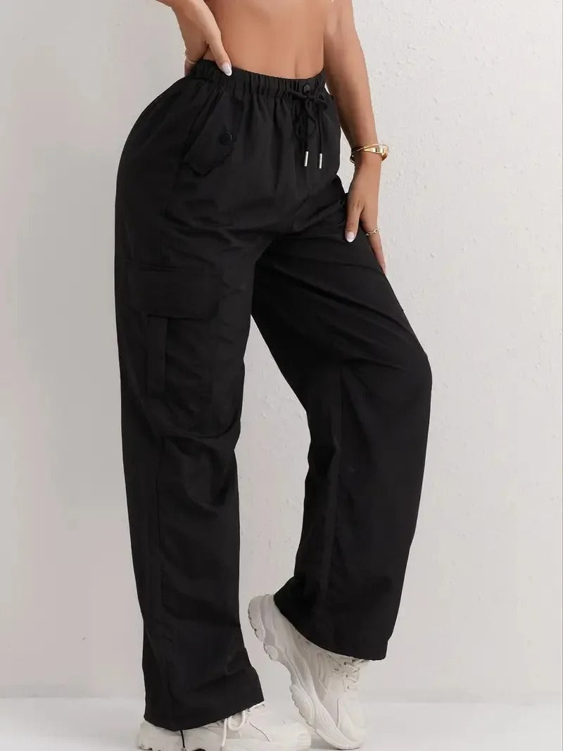 Pantalones cargo casuales con cordón y bolsillos para mujer