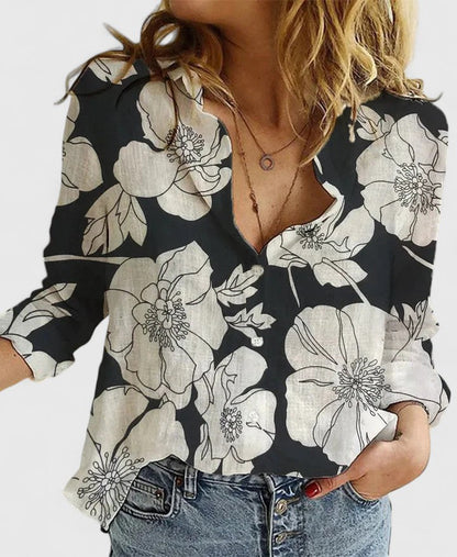 Blusa de lino con escote en V y botones para mujer