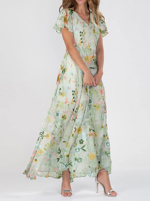 Vestido maxi de verano con cuello en V y estampado floral para mujer
