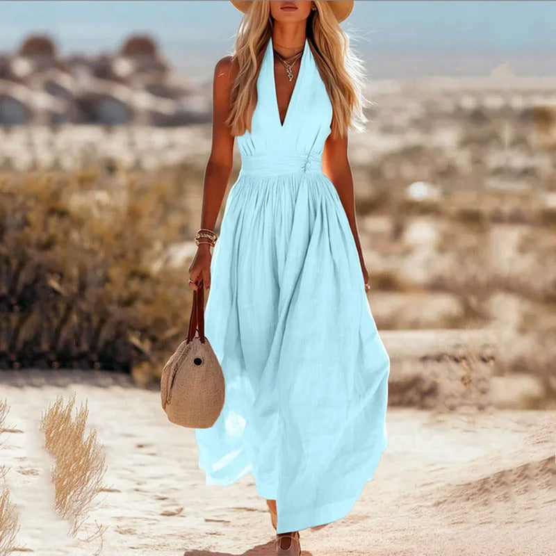Vestido Maxi Bohemio de Lino sin Mangas con Cuello Halter para Mujer
