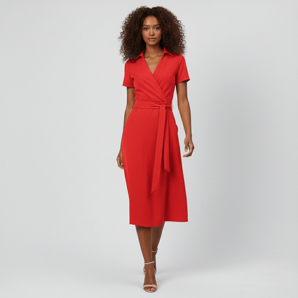 Vestido midi cruzado en línea A con escote en V y cinturón para mujer