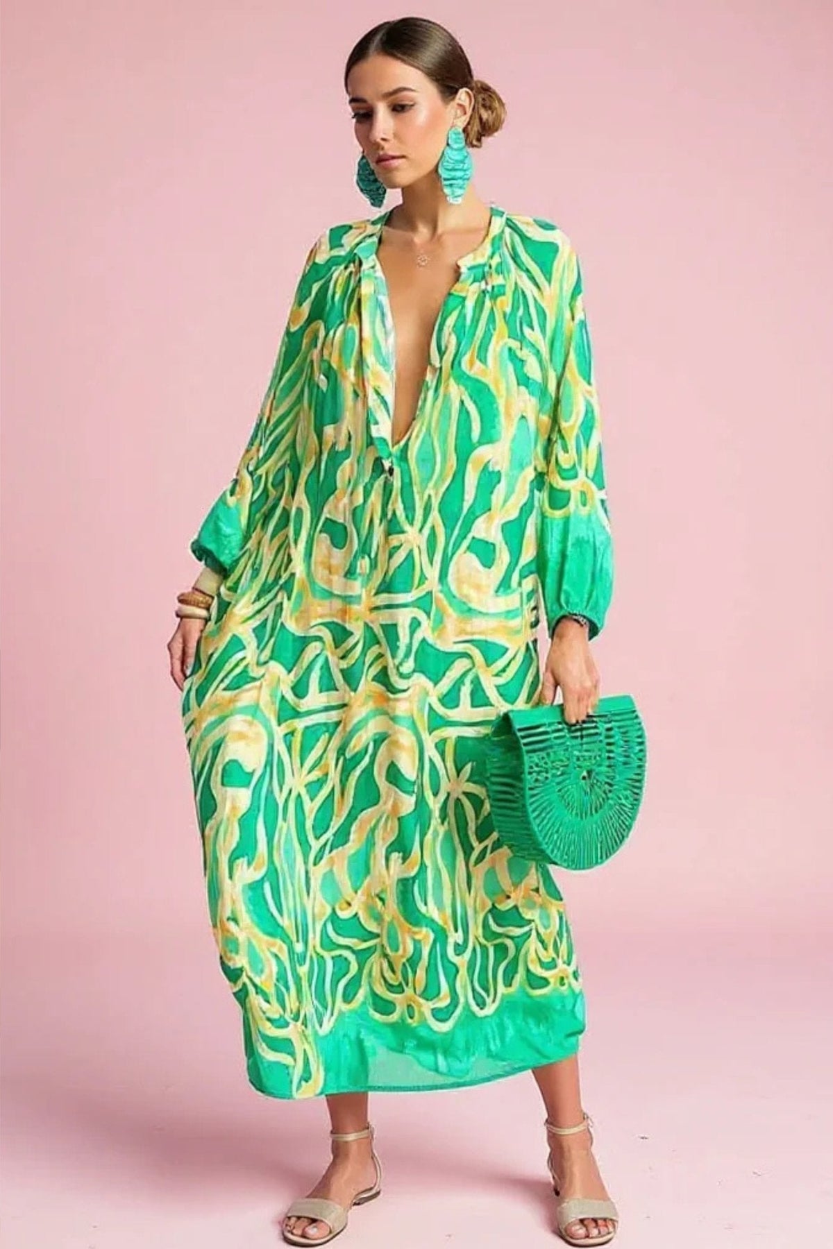 Vestido maxi caftán holgado con escote en V y estampado abstracto para mujer