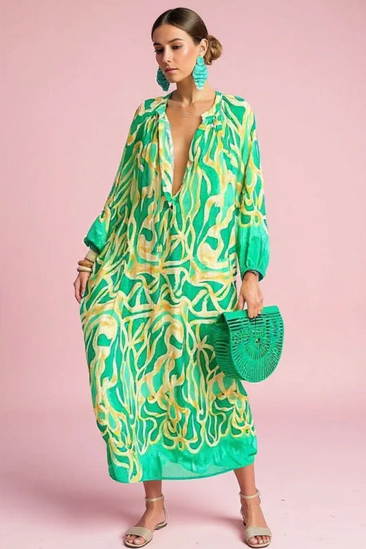 Vestido maxi caftán holgado con escote en V y estampado abstracto para mujer