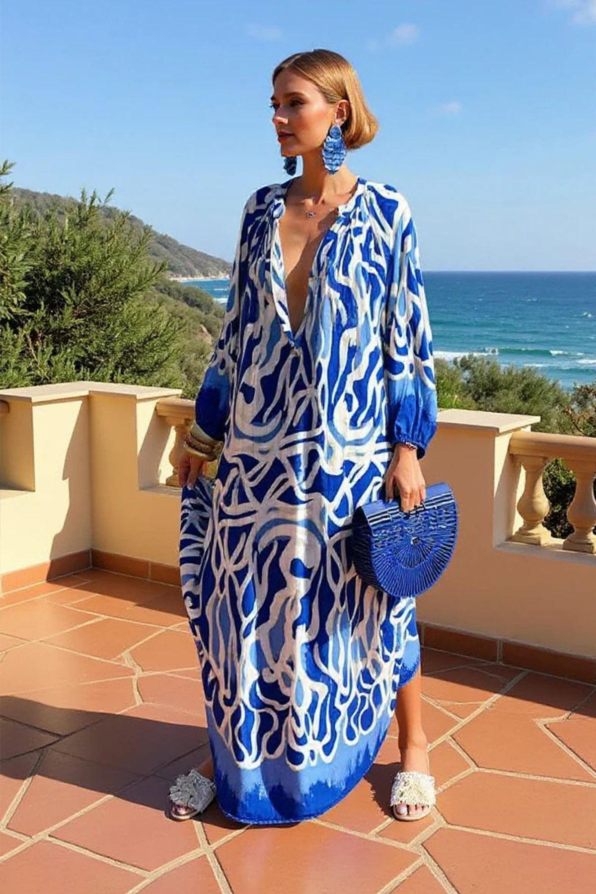 Vestido maxi caftán holgado con escote en V y estampado abstracto para mujer