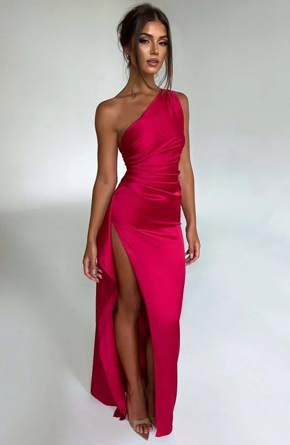 Vestido Largo Asimétrico de Un Hombro con Abertura Alta para Mujer