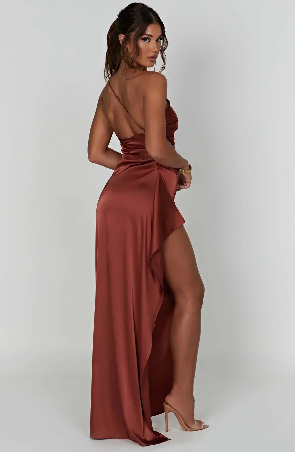 Vestido Largo Asimétrico de Un Hombro con Abertura Alta para Mujer