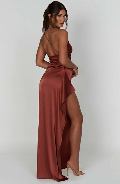 Vestido Largo Asimétrico de Un Hombro con Abertura Alta para Mujer