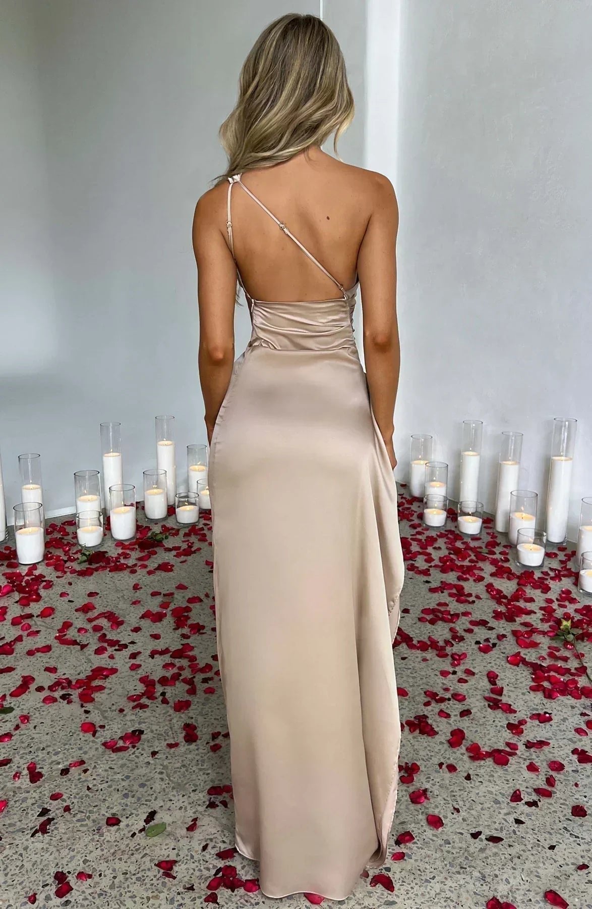 Vestido Largo Asimétrico de Un Hombro con Abertura Alta para Mujer