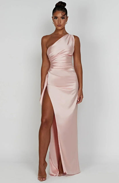 Vestido Largo Asimétrico de Un Hombro con Abertura Alta para Mujer