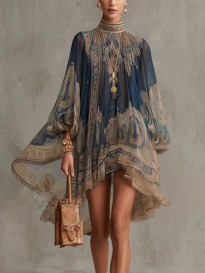 Vestido de gasa con cuello alto, estampado barroco y mangas fluidas para mujer