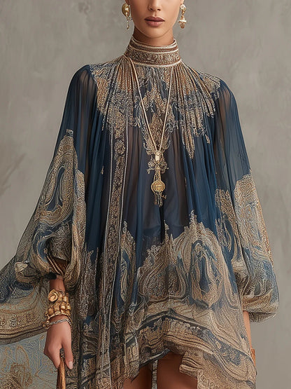 Vestido de gasa con cuello alto, estampado barroco y mangas fluidas para mujer