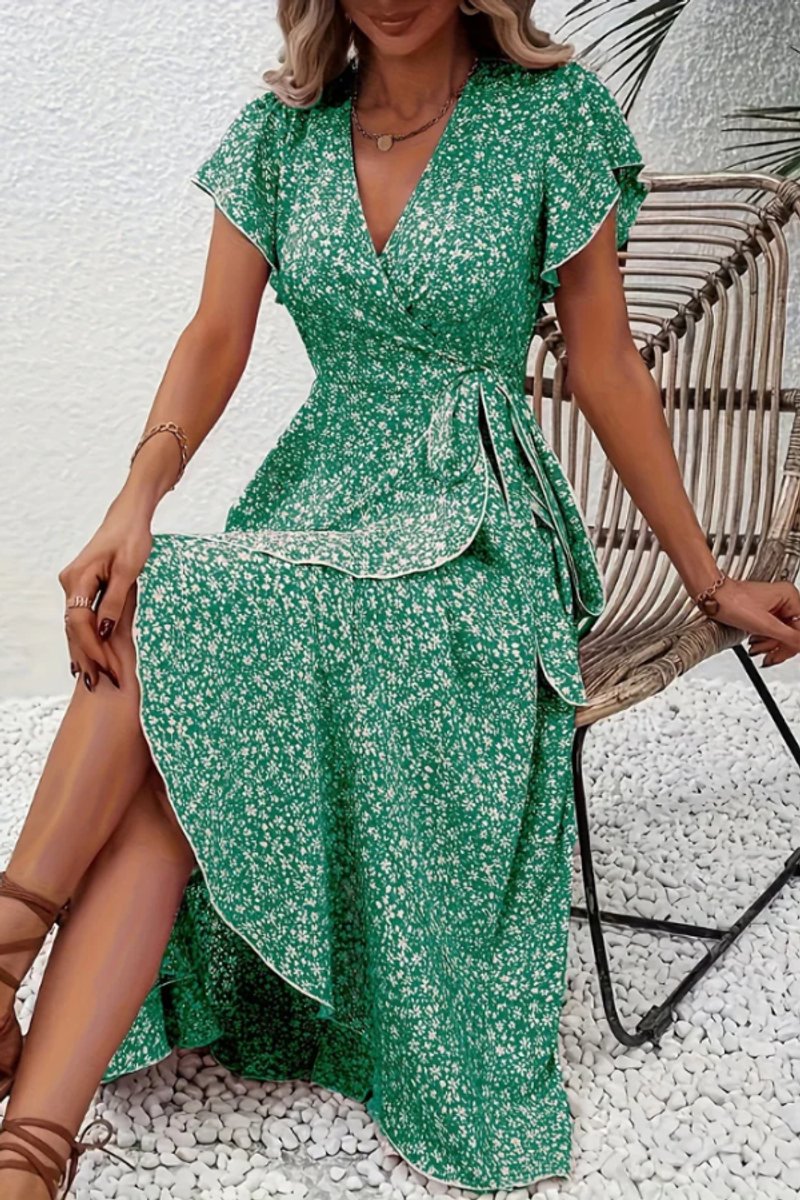 Vestido Midi Cruzado de Fiesta con Escote en V Asimétrico y Estampado Floral para Mujer