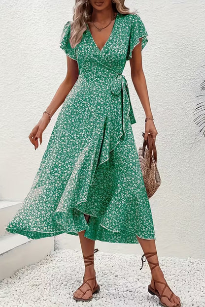 Vestido Midi Cruzado de Fiesta con Escote en V Asimétrico y Estampado Floral para Mujer