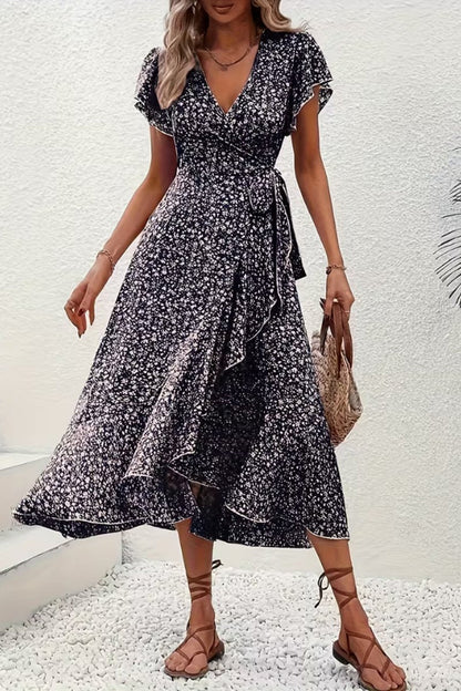 Vestido Midi Cruzado de Fiesta con Escote en V Asimétrico y Estampado Floral para Mujer