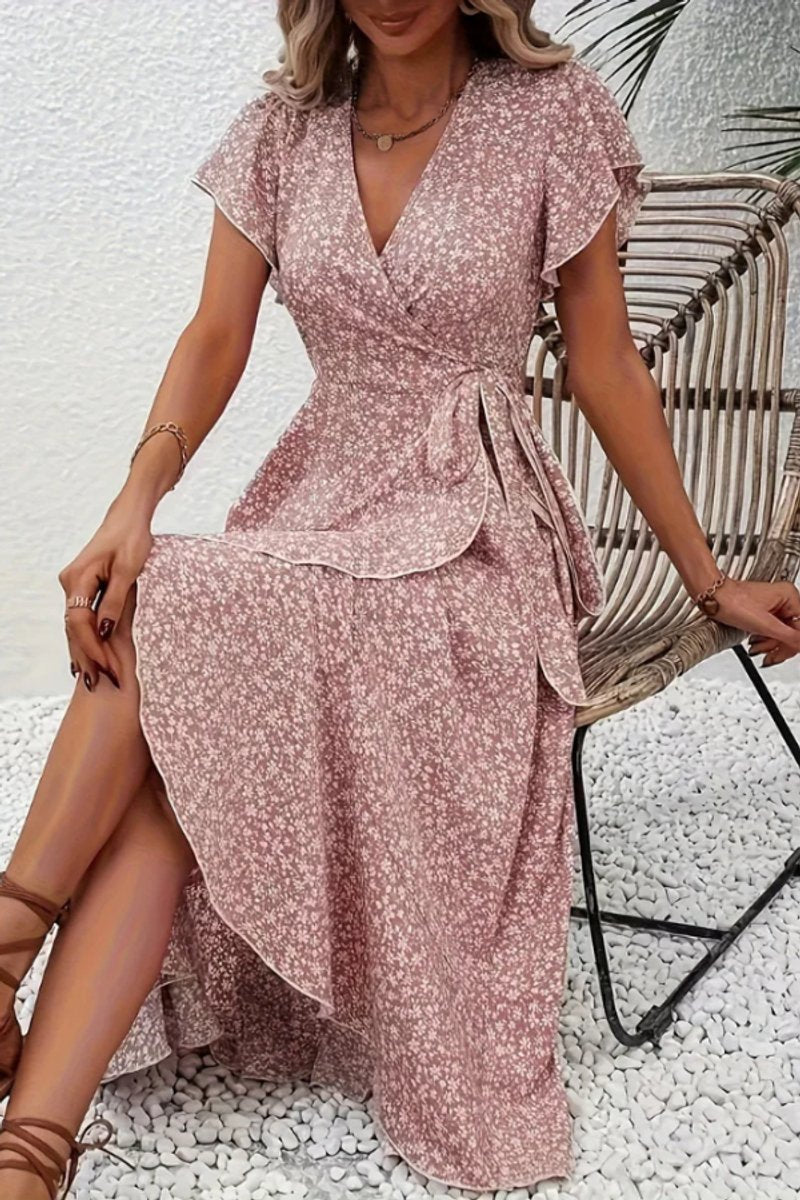 Vestido Midi Cruzado de Fiesta con Escote en V Asimétrico y Estampado Floral para Mujer