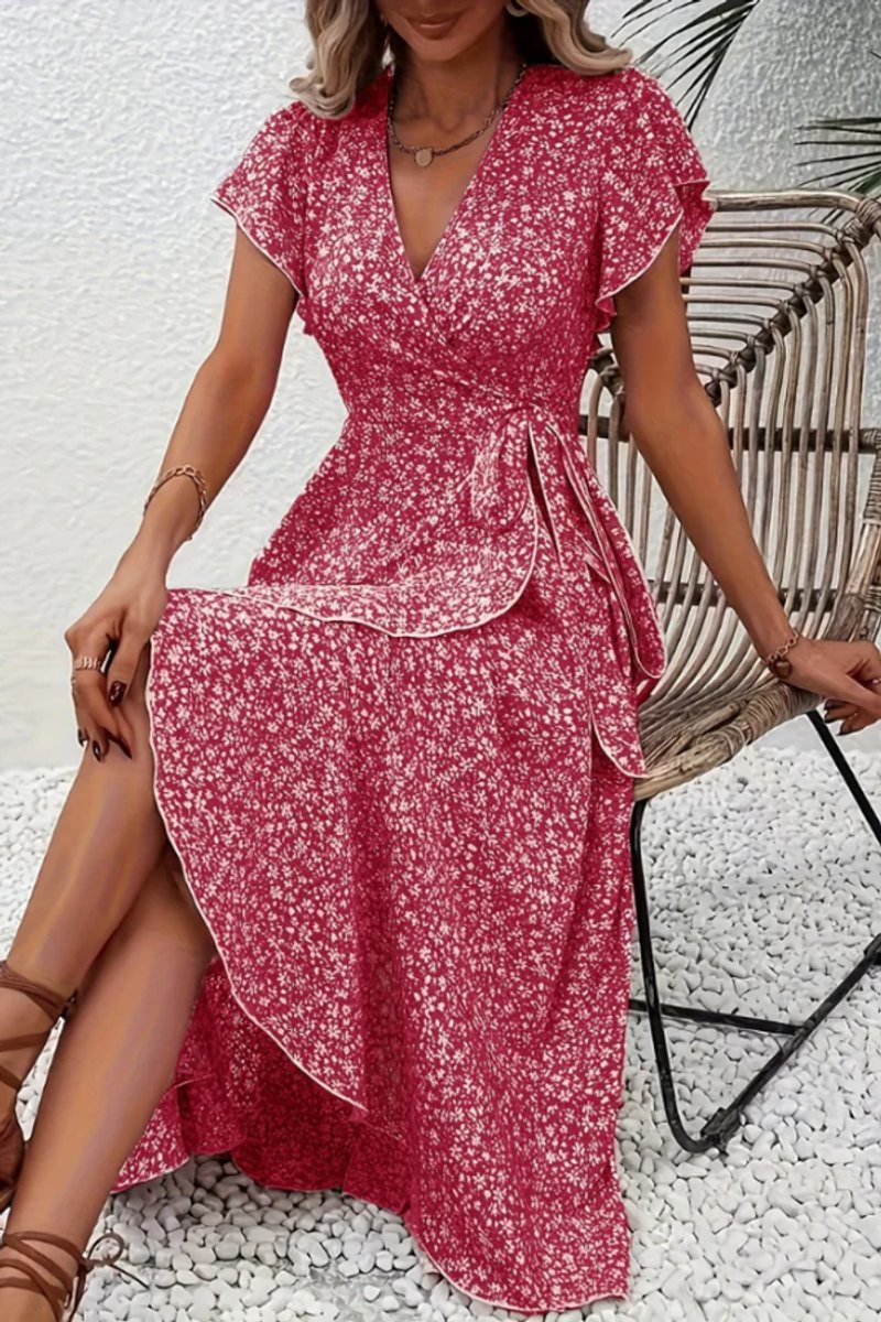 Vestido Midi Cruzado de Fiesta con Escote en V Asimétrico y Estampado Floral para Mujer