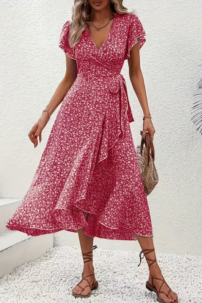 Vestido Midi Cruzado de Fiesta con Escote en V Asimétrico y Estampado Floral para Mujer