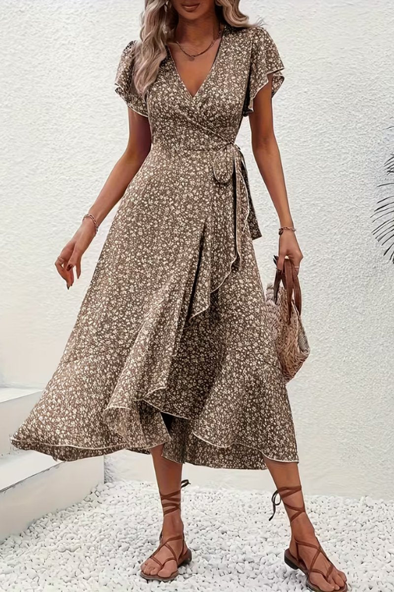 Vestido Midi Cruzado de Fiesta con Escote en V Asimétrico y Estampado Floral para Mujer