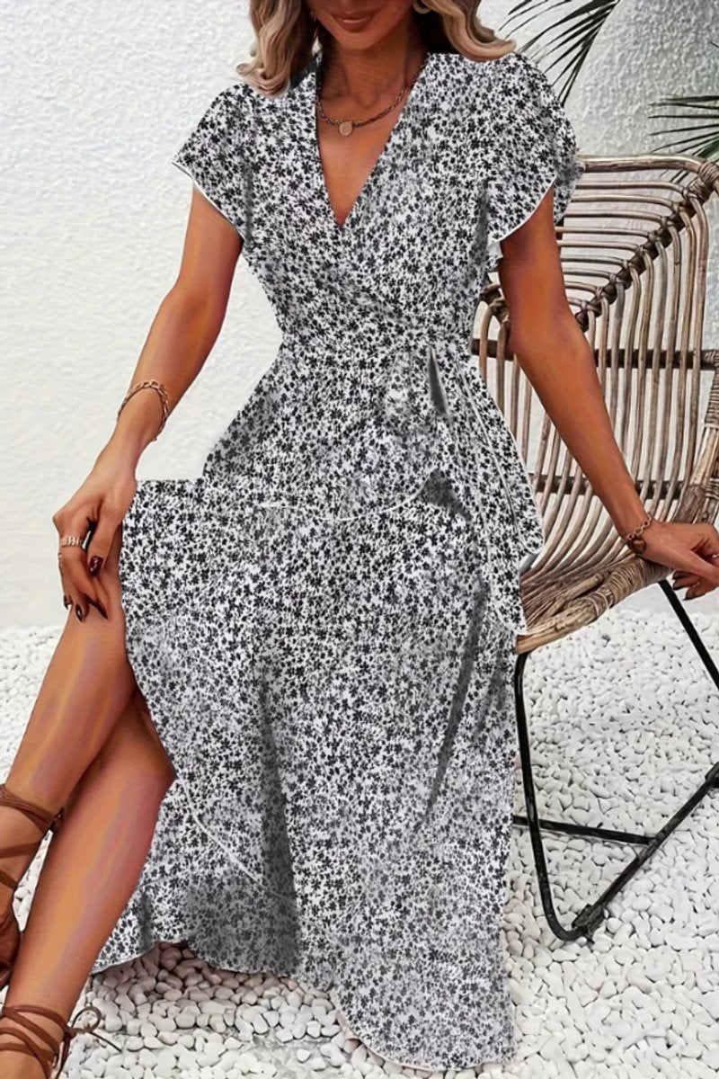 Vestido Midi Cruzado de Fiesta con Escote en V Asimétrico y Estampado Floral para Mujer