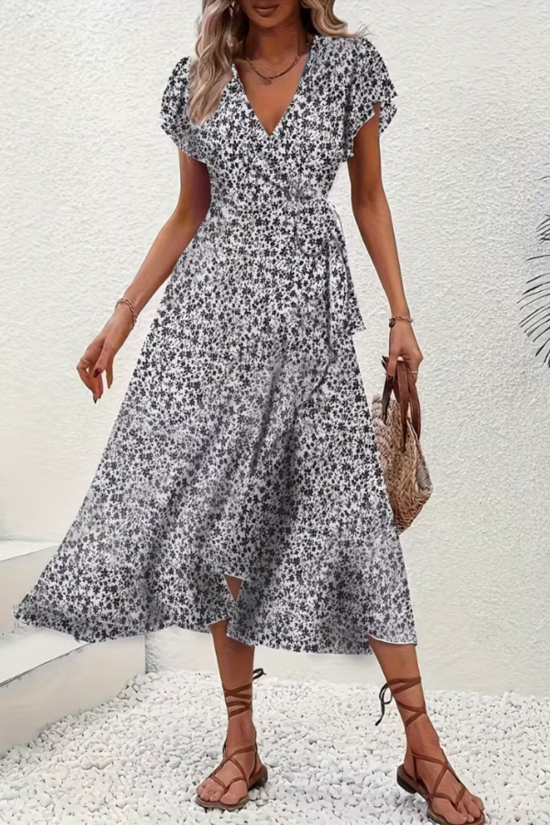 Vestido Midi Cruzado de Fiesta con Escote en V Asimétrico y Estampado Floral para Mujer