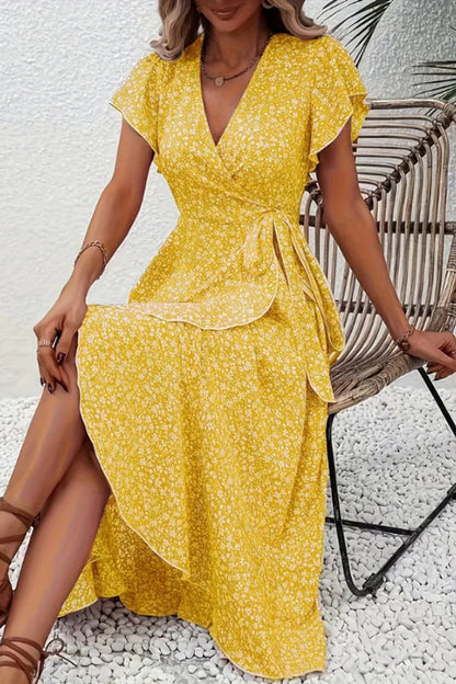 Vestido Midi Cruzado de Fiesta con Escote en V Asimétrico y Estampado Floral para Mujer