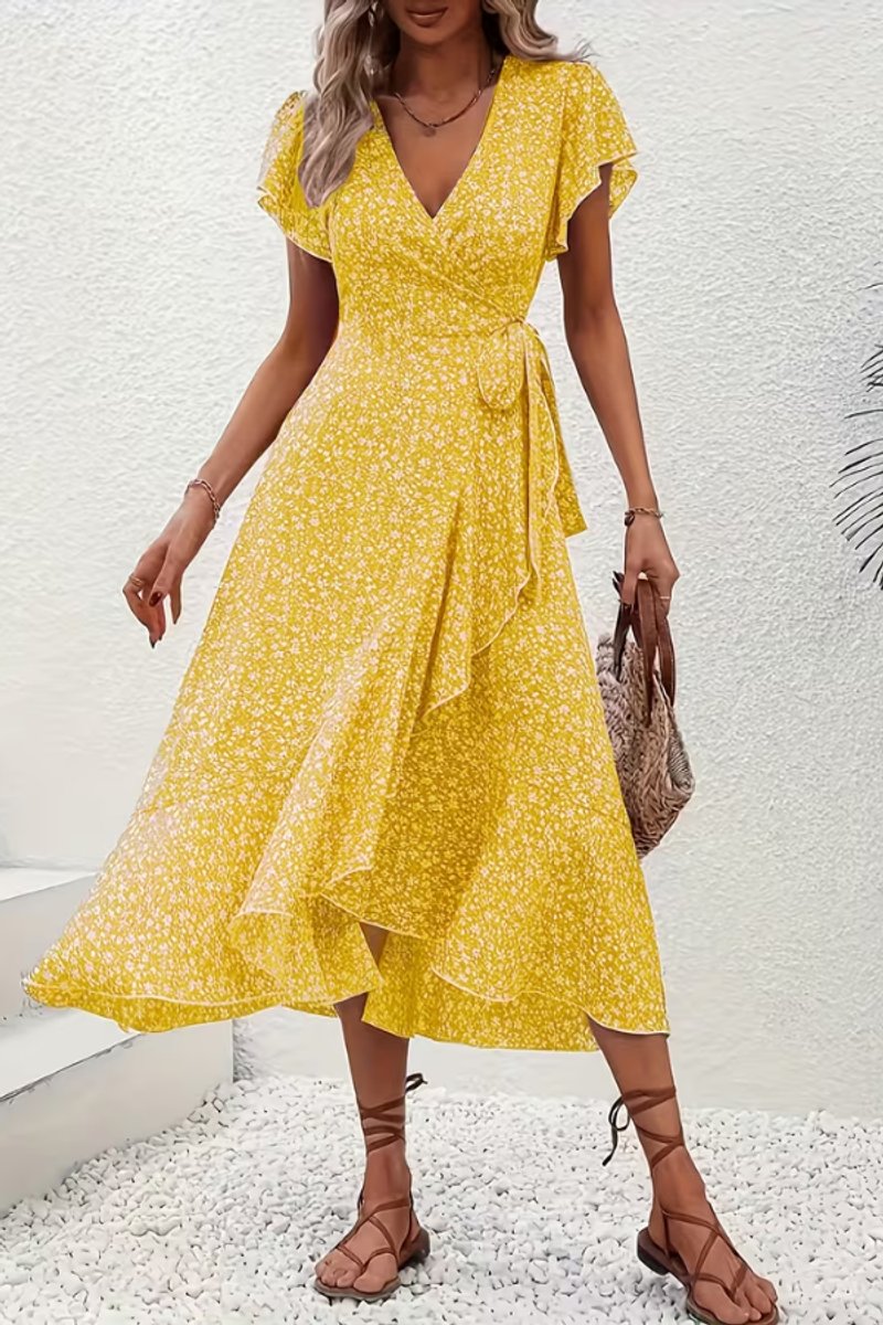 Vestido Midi Cruzado de Fiesta con Escote en V Asimétrico y Estampado Floral para Mujer