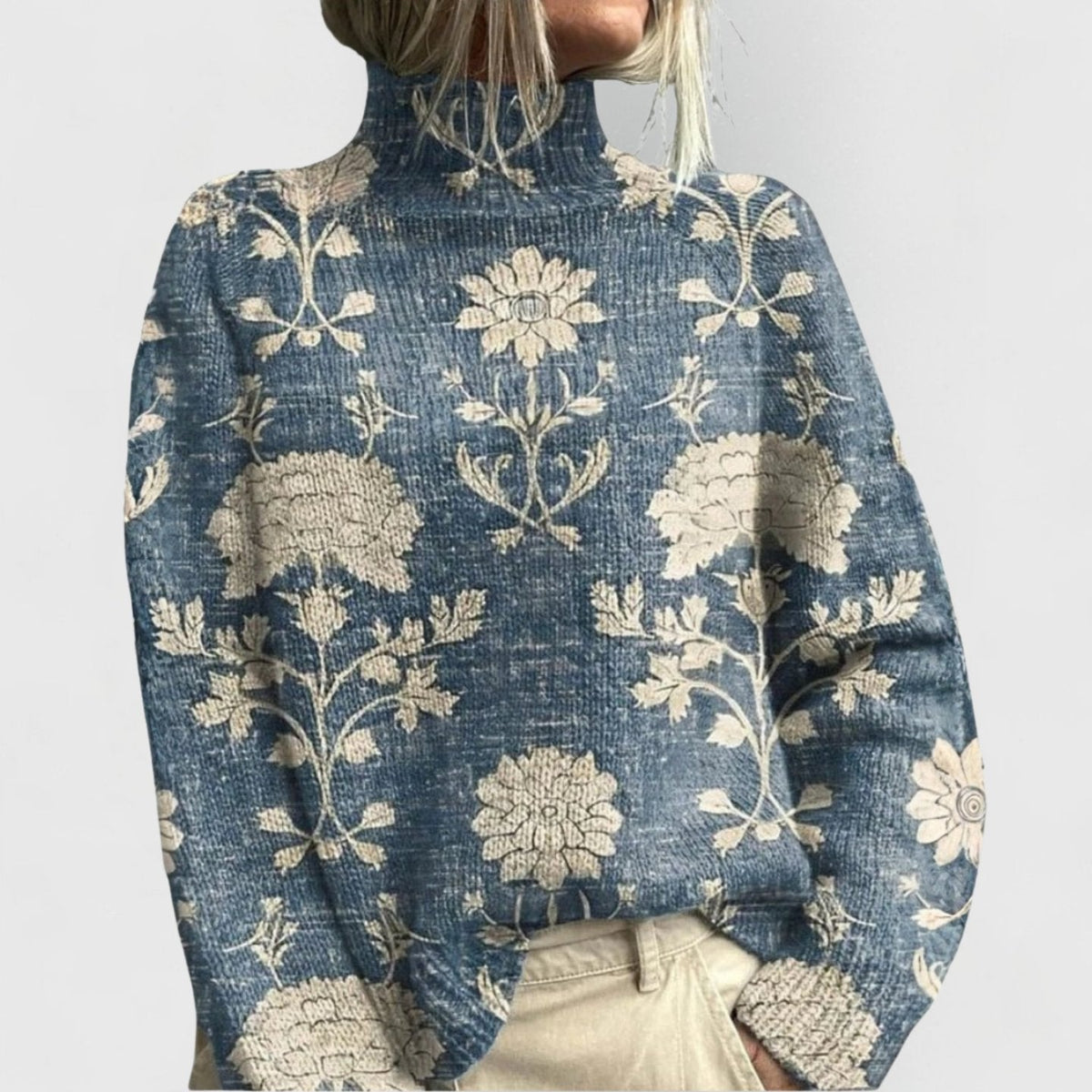 Suéter de punto holgado con cuello alto y estampado floral para mujer