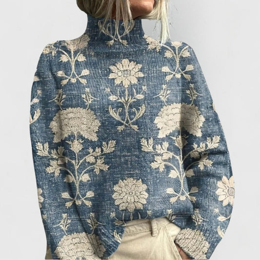 Suéter de punto holgado con cuello alto y estampado floral para mujer