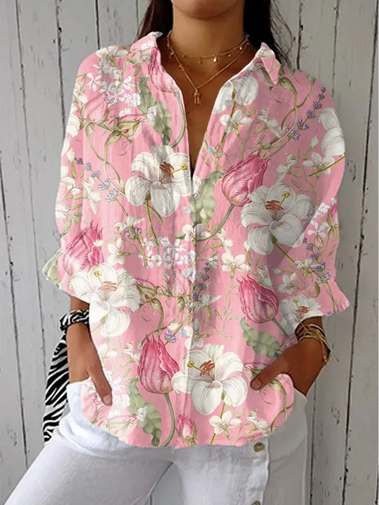 Blusa holgada con estampado botánico y cuello en V para mujer