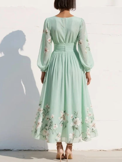 Vestido midi floral plisado con cuello en V y mangas abullonadas para mujer
