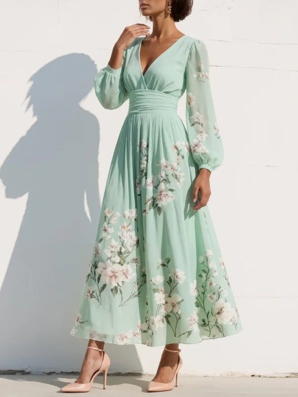 Vestido midi floral plisado con cuello en V y mangas abullonadas para mujer