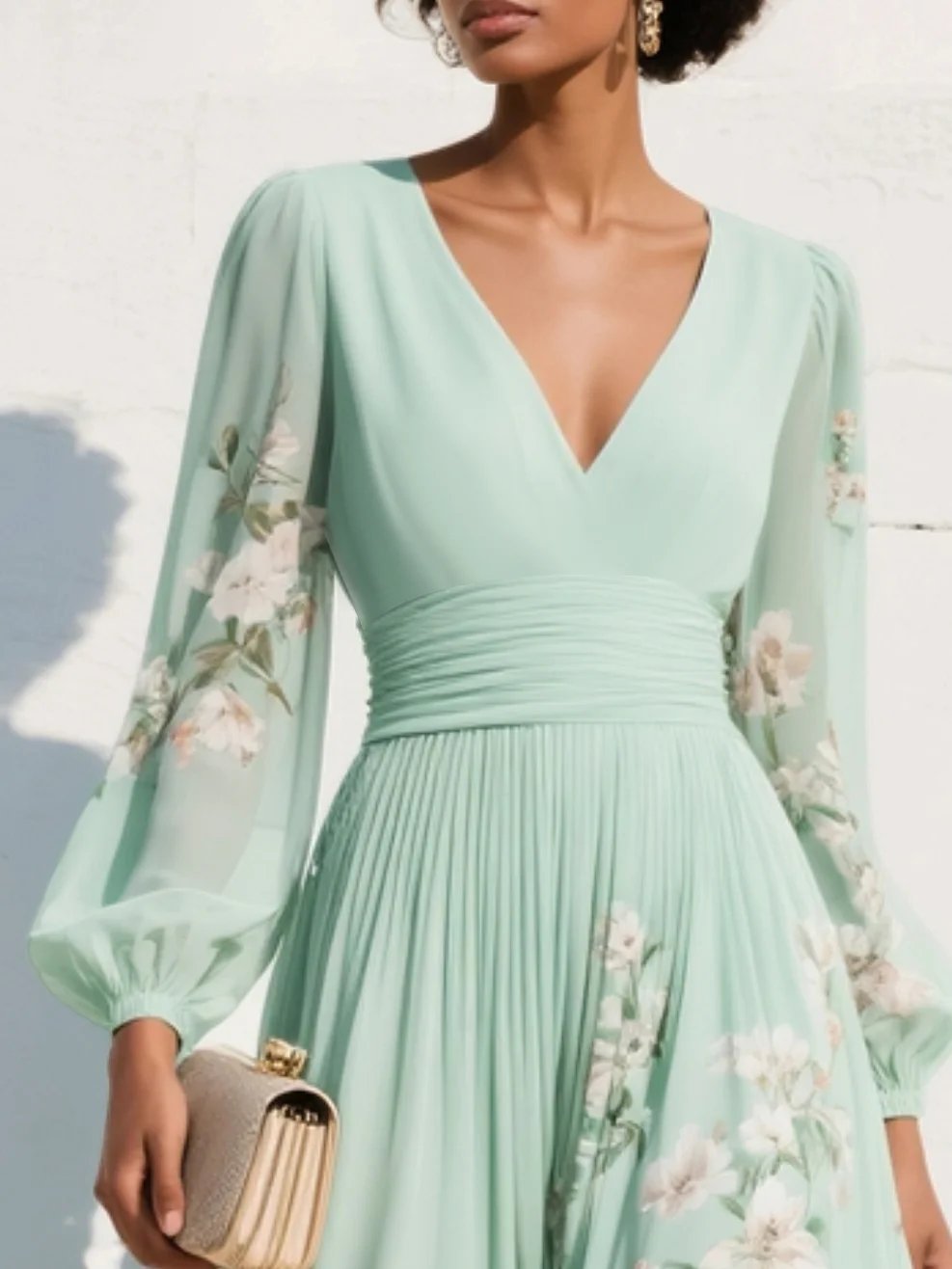 Vestido midi floral plisado con cuello en V y mangas abullonadas para mujer