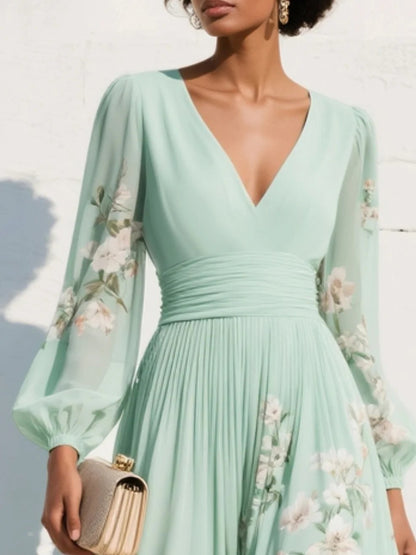 Vestido midi floral plisado con cuello en V y mangas abullonadas para mujer