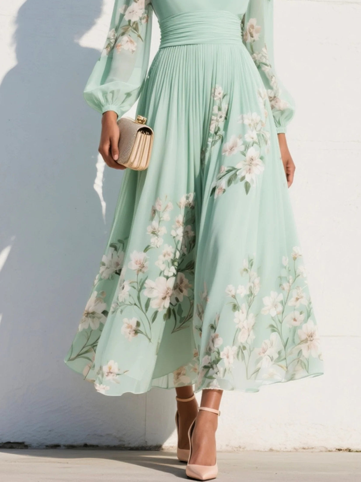 Vestido midi floral plisado con cuello en V y mangas abullonadas para mujer