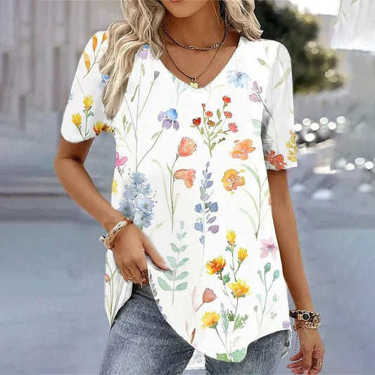 Blusa holgada de manga corta con estampado floral y cuello en V para mujer