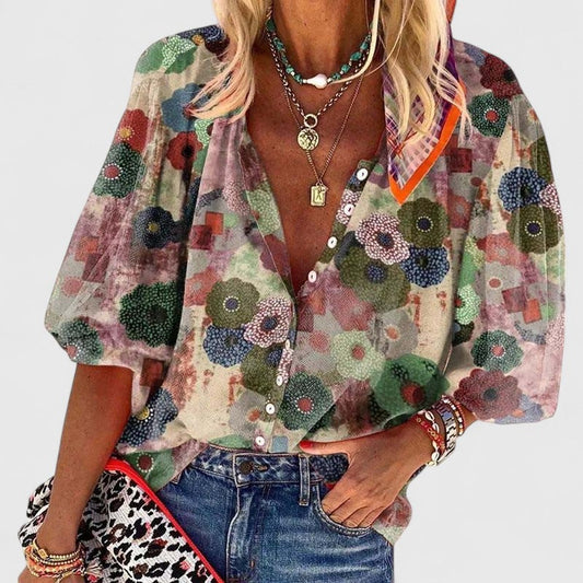 Blusa floral holgada con cuello en V y botones para mujer