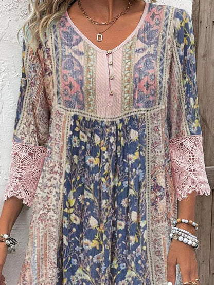 Vestido túnica boho con estampado floral y mangas de encaje para mujer