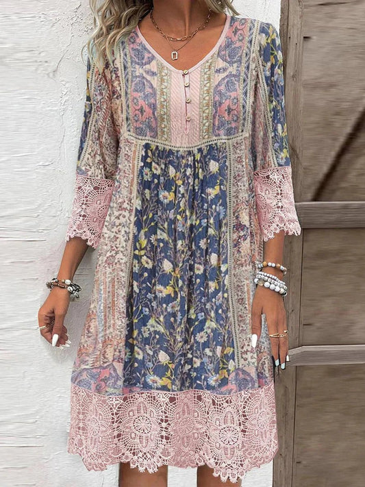 Vestido túnica boho con estampado floral y mangas de encaje para mujer
