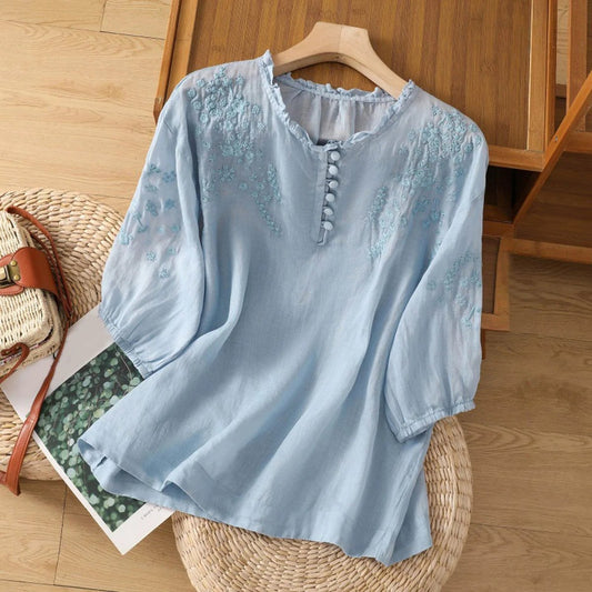 Blusa de Lino Estilo Boho con Bordados y Cuello con Volantes para Mujer