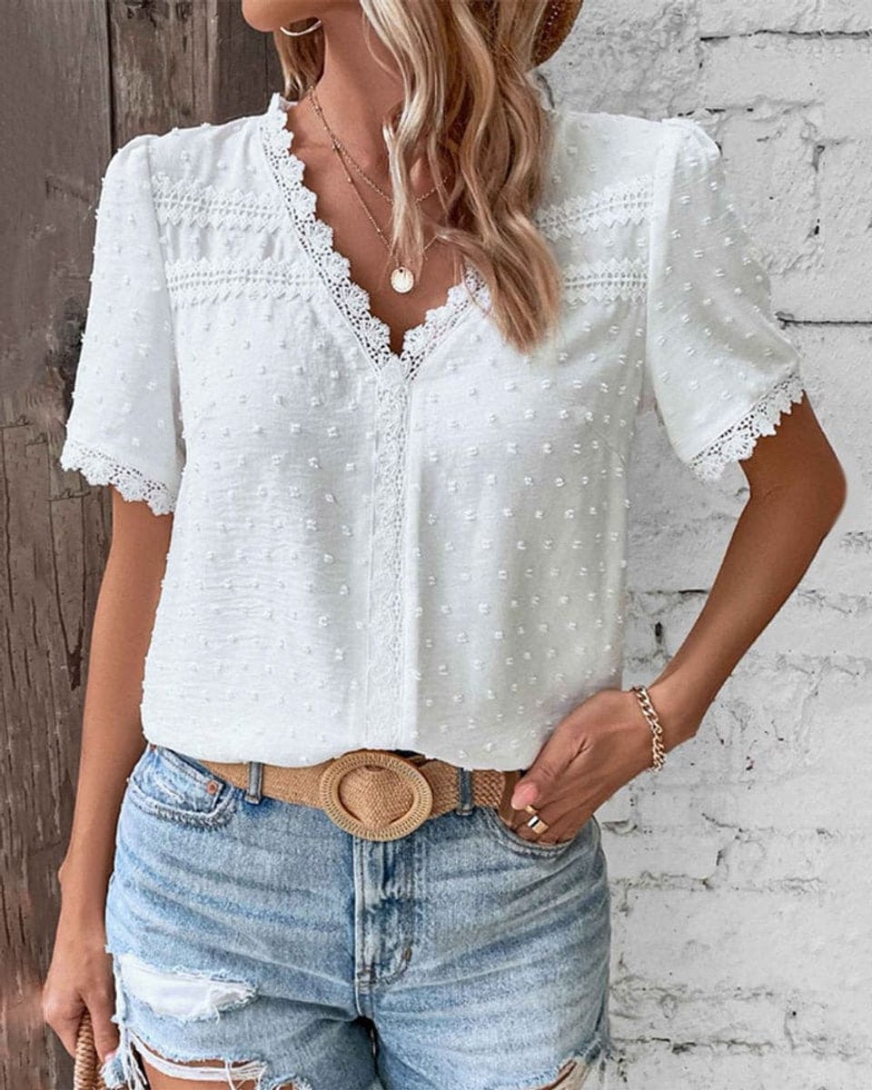 Blusa Boho de Encaje con Cuello en V y Plumeti para Mujer