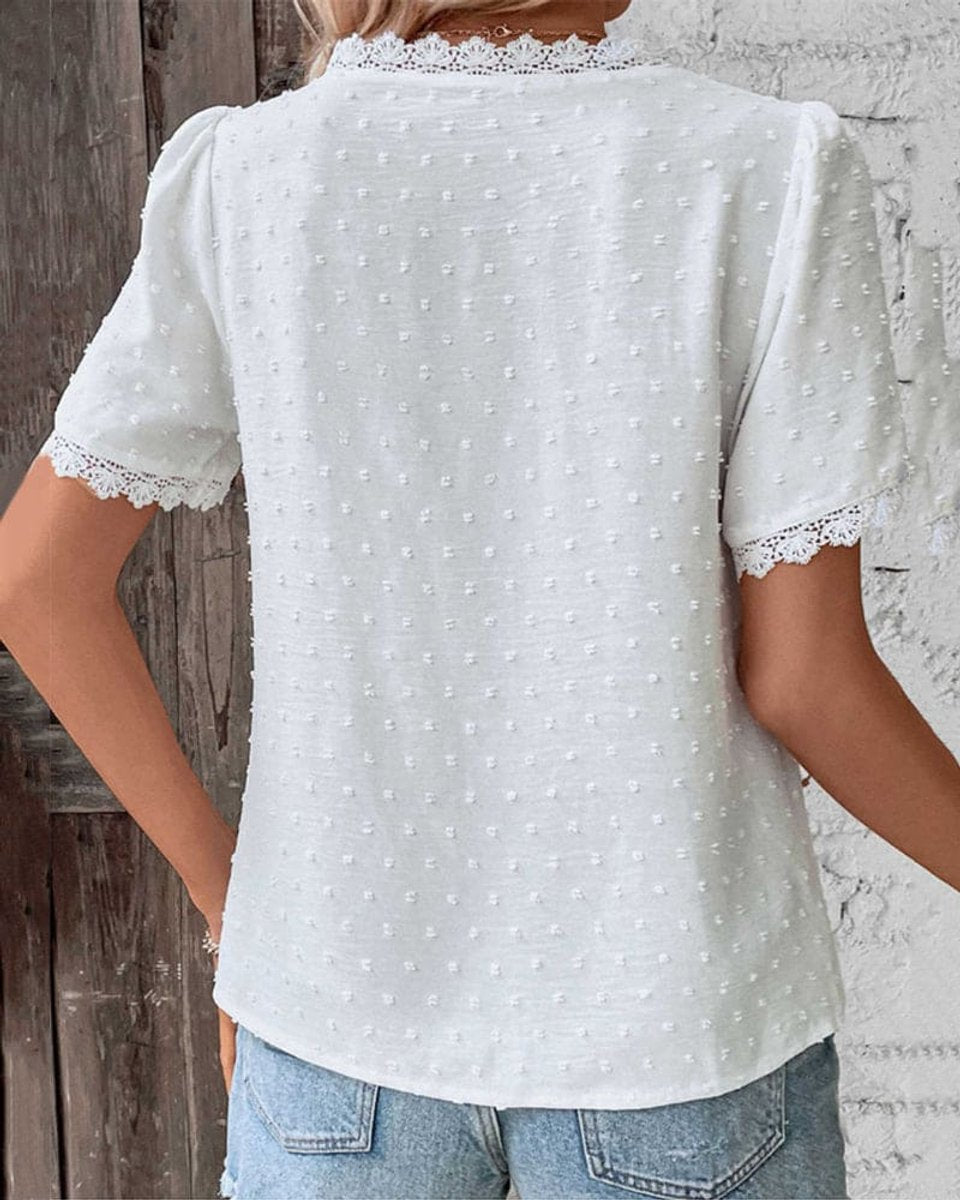 Blusa Boho de Encaje con Cuello en V y Plumeti para Mujer