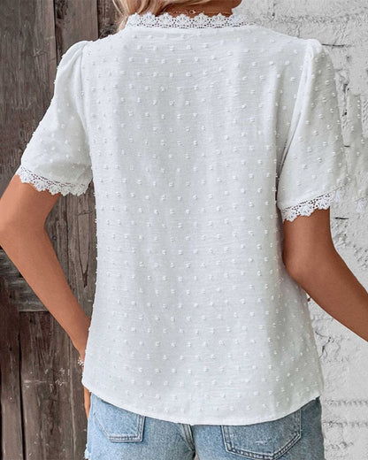 Blusa Boho de Encaje con Cuello en V y Plumeti para Mujer