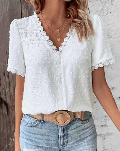 Blusa Boho de Encaje con Cuello en V y Plumeti para Mujer